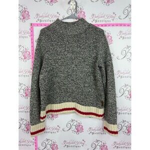 Roots cabin sweater Marled Gray Crewneck Sweater Contrast Stripe Hem wool knit